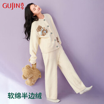 Ancient and modern (gujin) cartoon bear half-velvet pajamas for women autumn and winter home clothes pajamas warm large size cardigan can be worn outside the suit