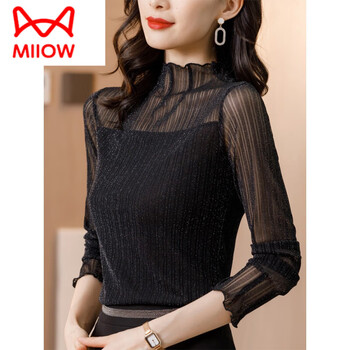 Catman 2024 spring new style half turtle collar lace bottoming shirt women's style small shirt mesh long sleeve light luxury top trendy black m