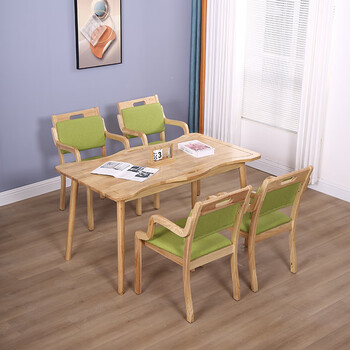 Hongchen solid wood age-appropriate dining table and chairs, nursing home furniture combination, elderly leisure table, health care community apartment customization, wave long table, one table and four chairs, type a