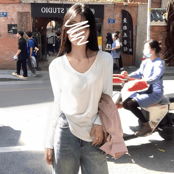 Yu zhaolin white long-sleeved t-shirt for women 2025 spring new korean style slim and loose bottoming shirt with v-neck top