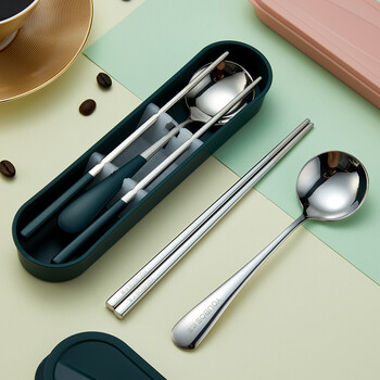 Youbos antibacterial stainless steel chopsticks and spoon set student portable tableware three-piece set high-looking children's tableware storage box single antibacterial stainless steel natural color spoon + chopsticks + green box
