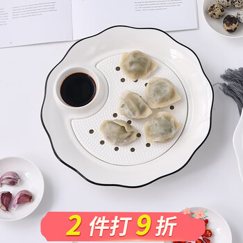 Fucai ceramics household ceramic dumpling tray drainage double-layer dumpling tray leaky tray for dumplings round steaming tray double-layer drainage dumpling tray - black border model