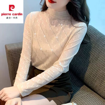 Pierre cardin 2025 new fashionable inner top with velvet warm half turtleneck bottoming shirt for women, autumn and winter style small shirt, apricot xl 115-125 catties