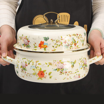 Oulijia enamel thickened enamel steamer 26cm enamel steaming dual-purpose pot seafood soup pot induction cooker gas universal flower and bird 1 layer 26cm