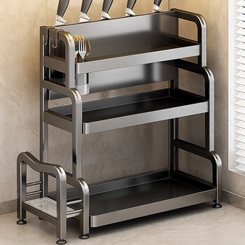 Youqin kitchen condiment storage rack multifunctional chopsticks and knife rest countertop supplies salt storage seasoning bottles and cans rack gun gray double layer 30 short style