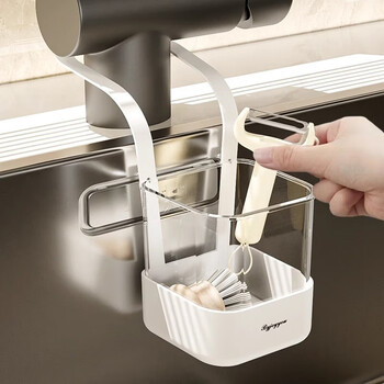Rsrddy simple sink hanging bag drain basket faucet sponge storage rack kitchen multi-functional punch-free transparent porcelain white small size