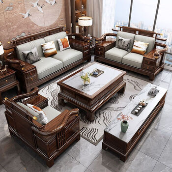 Jiangyuan new chinese style ebony solid wood sofa combination home living room complete set of large and small high-end villa furniture 1+2+3+coffee table+2 square tables+tv cabinet