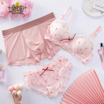 Modal new couple underwear three-piece set with bra ice silk couple underwear seamless underwear set cute female 34/75ab set + male xl