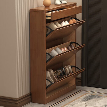 Quedu solid wood shoe cabinet for home ultra-thin tipping shoe cabinet floor-standing home bedroom shoe rack small apartment storage storage cabinet 08# tipping shoe cabinet 80*17*120 walnut color