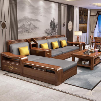 Maia yue golden silk walnut solid wood sofa coffee table combination modern simple living room furniture storage chaise sofa four-person + chaise ordinary sponge cushion style