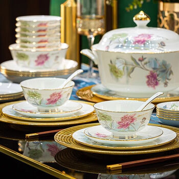 Ruxi 2025 new tableware complete set jingdezhen bone china tableware bowls and plates household dishes set light luxury gift for 10 people 60-piece set