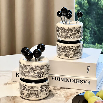 Zunmousse ceramic fruit fork set light luxury home living room dining table coffee table cake dessert fork coffee spoon creative storage jar ink tiger fruit fork jar 1 jar 6 forks