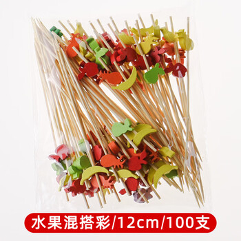 Chuge high-quality disposable fruit fork, good-looking disposable fruit picks, bobo chicken bamboo sticks, children's fruit plate bamboo sticks 15cm, colorful fruit series, four-part area, 12cm, 100 pieces/pack