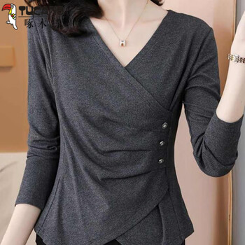 Woodpecker mother early autumn long sleeve shirt women's bottoming shirt 2025 new temperament collar german fleece sweater irregular top dark gray l recommended 100-110 catties