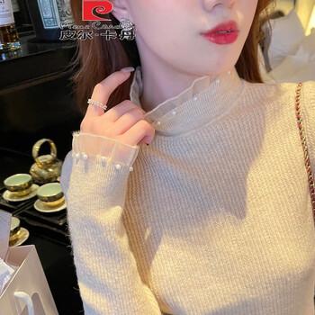 Pierre cardin small fragrance half turtle collar bottoming shirt women winter spring autumn pearl sweater 2025 lace knit top apricot l