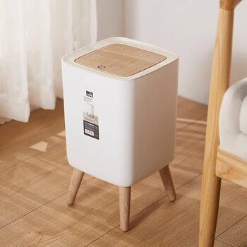 Shuangyi japanese-style high-leg trash can creative living room bedroom bedside household press with lid square wood grain toilet paper basket 10l-high foot imitation wood grain press to open the lid