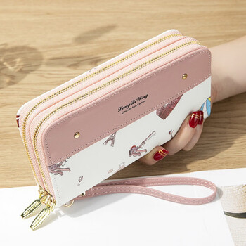 Woodpecker (tucano) double-layer zipper wallet women's long clutch bag large capacity multi-card slot japanese and korean small fresh fashion mobile phone wallet light pink
