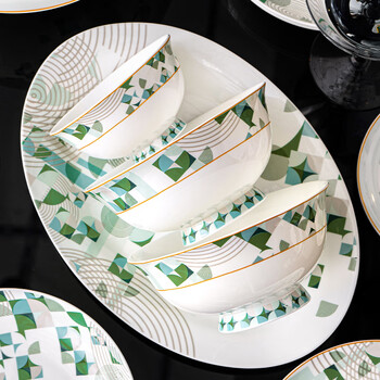 Han yuxin european-style high-end bone china bowls, plates and tableware set, light luxury home moving, jingdezhen bowls, chopsticks and dishes set gift box, luxury 16-person meal, 88 pieces丨brocade box