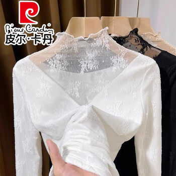 Pierre cardin white turtleneck lace inner top for women autumn and winter new style high-end western style small shirt fungus edge mesh bottoming shirt white plus velvet m 95-105 pounds
