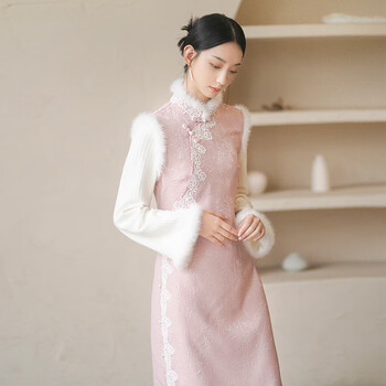 Chuchan clothes new chinese style national style improved cheongsam women's high-end autumn and winter new pink fake two-piece temperament retro dress pink l (ready stock)