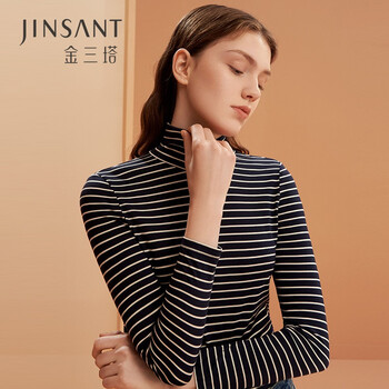 Jinsanta basic base layer women's silk striped top base layer navy blue contrasting beige 4553 m