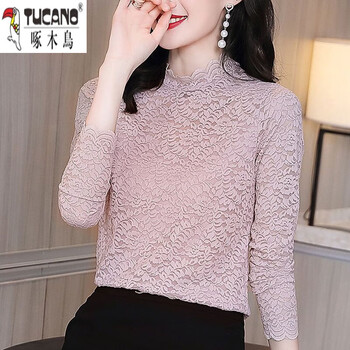 Woodpecker (tucano) threaded/non-velvet lace women's top autumn and winter 2025 new hollow slim inner long-sleeved women's bottoming shirt
