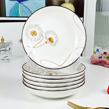 Sujiang household rice bowl noodle bowl ceramic bowl simple chinese soup bowl microwave suitable high-looking eating bowl tableware set years of peace and quiet 7-inch plate 6 pieces