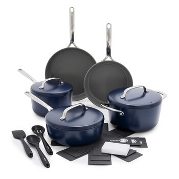Greenpan 14-piece stainless steel ceramic non-stick cookware set for induction and gas stoves, blue