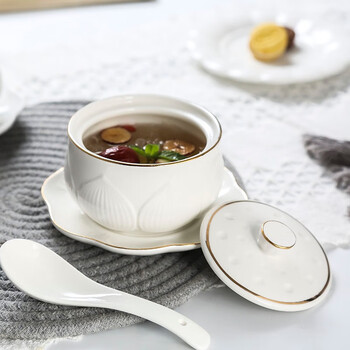 Jiayi kitchen ceramic stew cup with lid, waterproof cup, bird's nest and shark's fin cup, household small soup cup, soup pot, gold-rimmed dessert steamed egg bowl and plate, lotus flower stew cup + plate + ceramic spoon