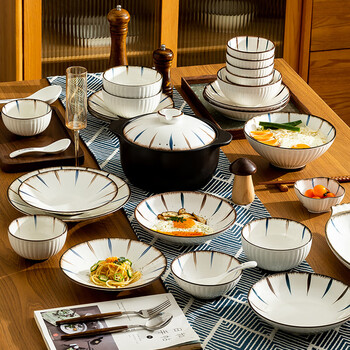 Kangmo ceramic tableware and dishes set, practical japanese-style bowls and plates, underglaze color tableware, housewarming gift, 10-person meal, 45-piece set with casserole, gift box