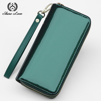 Sharelove golden yellow lucky wallet long double-layer zipper large capacity clutch bag men and women clutch small bag mobile phone bag new style dark green bright leather clean surface--double zipper