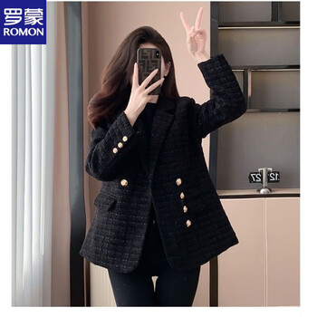 Romon 2025 new style small fragrant style suit women's jacket design, slim, luxurious, age-reducing, cotton-thickened autumn and winter style jacket, black, high quality, spring and autumn style, s recommended 80-95 catties