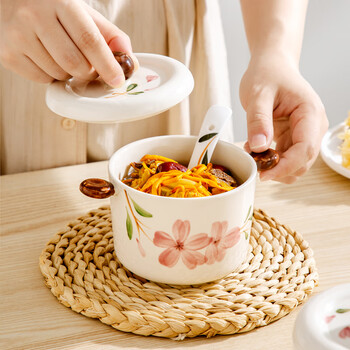 Domeran underglaze color ceramic stewed bird's nest bowl, water-proof stew pot, inner pot with lid, small soup cup, household stew bowl, steamed egg bowl, double-ear bowl, dome cherry blossom stew pot (500ml) without spoon