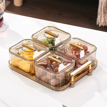 Kunfeng four-grid dried fruit tray light luxury fruit tray home living room coffee table snack nut storage box candy display plate transparent color-four grid ordinary tray