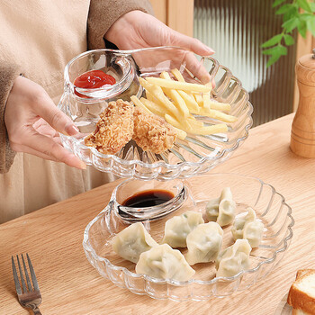 Genas glass dumpling plate with vinegar dish household dipping plate fan-shaped shell partition plate snack french fries prawn plate single