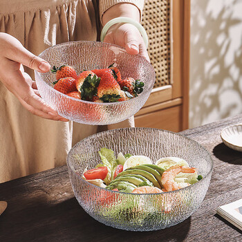 Genas glacier glass salad bowl household transparent round glass bowl three-piece set vegetable and fruit plate yogurt dessert bowl