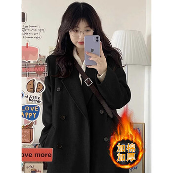 Qumile black woolen coat for women in autumn and winter new high-end mid-length woolen coat casual windbreaker top for women black velvet thickened m