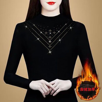 Orchid half turtleneck bottoming shirt for women, autumn and winter new model, slim mesh top, long sleeves, velvet, thickened, western-style shirt, black, velvet, 2xl