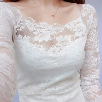 Ukcf lace bottoming shirt long-sleeved women's lace bottoming shirt women's long-sleeved 2022 korean version spring and autumn transparent sexy hollow lace top one-shoulder top white rose style l size (suitable for 95-110 pounds)