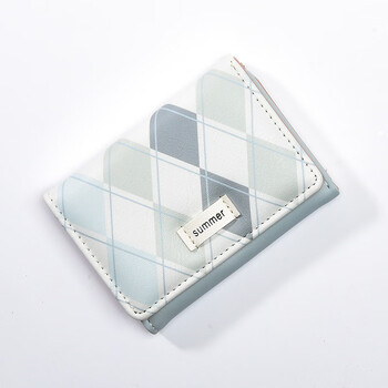 Korean new style wallet women's short plaid small fresh folding coin purse pu small three-fold fashion women's bag multi-functional blue