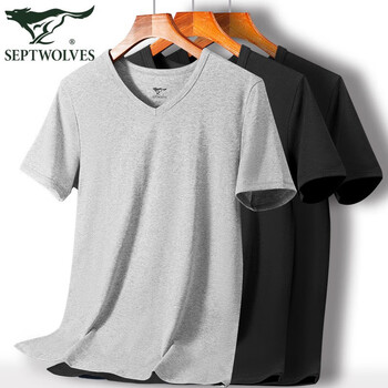 Septwolves 3-piece v-neck men's short-sleeved t-shirt men's pure cotton undershirt boys white t comfortable solid color sports bottoming shirt v-neck (grey+black+black) 2xl (180) (recommended weight 140-160 pounds)