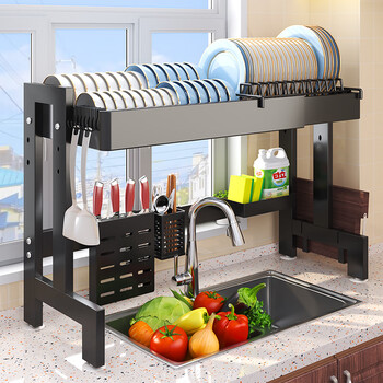Chao mu house kitchen storage rack, dish rack, drain rack, retractable countertop sink storage rack to dry dishes rack, pool storage rack, single layer (knife holder + chopstick barrel + sanitary ware rack + chopping board rack) chao mu house