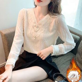 Rgpx velvet bottoming shirt for women in autumn and winter, western style 2025 new style high-end lace v-neck small fragrance style top, apricot plus velvet style l 100-110 catties