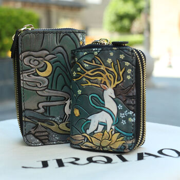 Craftsman joe leather carving key bag war horse series handmade leather carving fashion casual women's genuine leather national style key bag war horse black large size