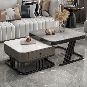 Slate coffee table living room home coffee table light luxury style square side table combination retractable black frame gray cabinet white slate + gray slate