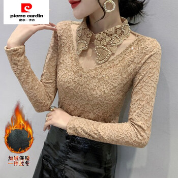 Pierre cardin (pierre cardin) fashionable women's autumn and winter new thick warm tops for age-reducing mothers fitting and slimming plus velvet lace bottoming tops khaki plus velvet m