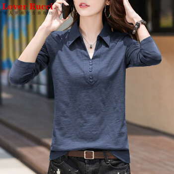 Lover rucci black long-sleeved t-shirt women's autumn 2025 new polo collar button lapel collar pure cotton top bottoming shirt gray blue 2xl