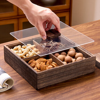 Lekali dried fruit plate, solid wood nut storage box, chinese-style divided grid with lid, four-grid snack tray, high-end living room coffee table fruit box, chinese-style four-grid nut box