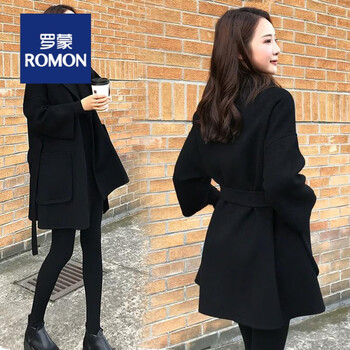 Romon black double-sided cashmere coat for women 2022 new korean style loose small woolen woolen coat spring and autumn black (good quality) s