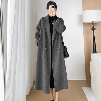 Large size cashmere woolen woolen coat 200 catties plus size female fat mm gray woolen new year shirt thickened long dark gray 98% users' choice 3xl 160-180 catties